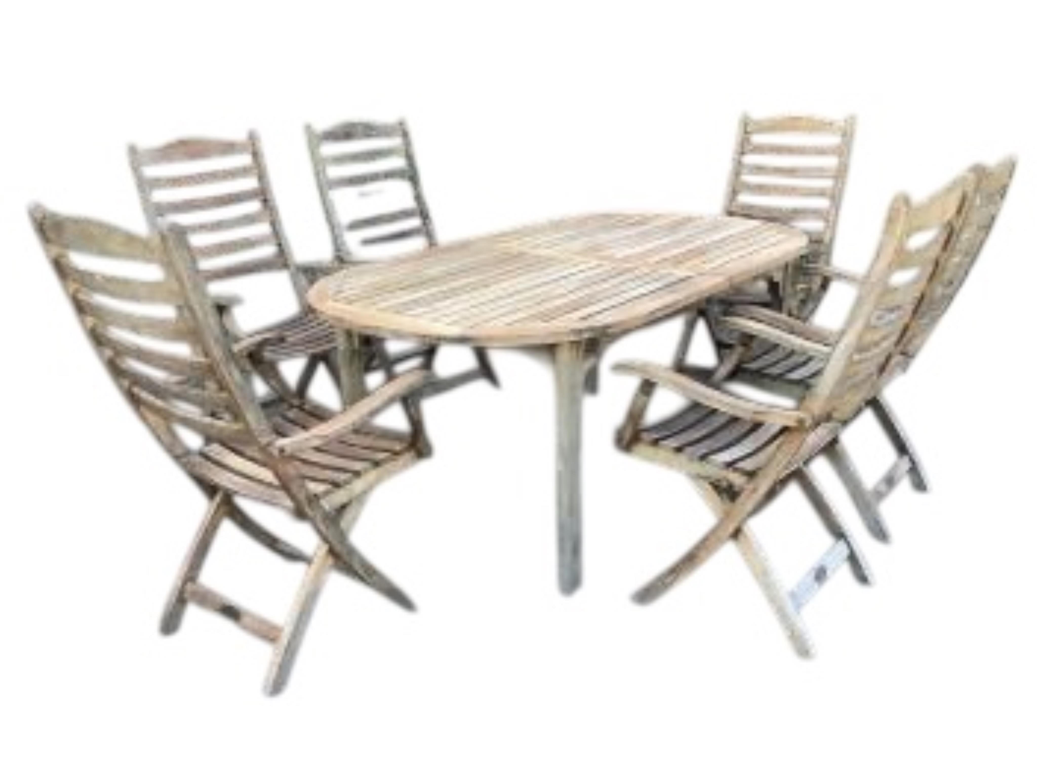 A weathered slatted teak Nova extending garden table, width 240cm extended, depth 100cm, height 71cm and six teak Alexander Rose folding chairs